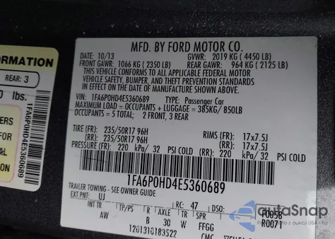 2014 Ford Fusion Se z USA, uszkodzony, nr VIN 1FA6P0HD4E5360689